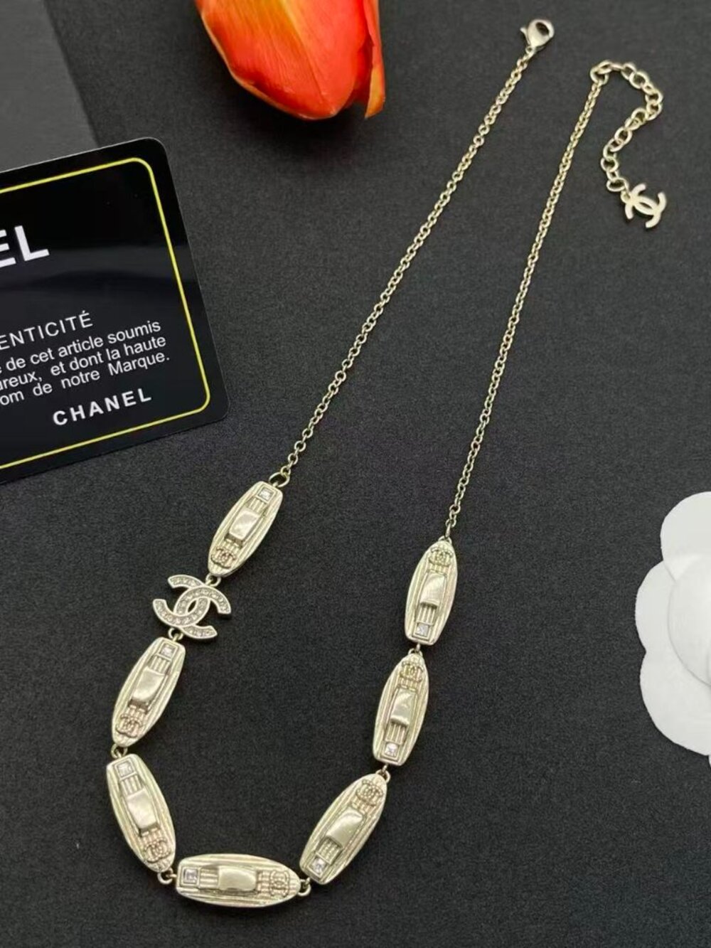 Chanel Gold Tone CC Logo Crystal Elongated Link Necklace